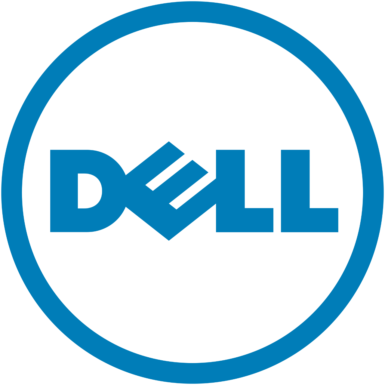 Dell logo with blue text and circular design on a white background